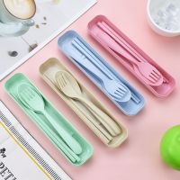 4Pcs/set Cutlery Wheat Straw Spoon Fork Chopsticks With Box Students Tableware Travel Dinnerware Kitchen Accessories Flatware Sets