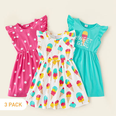 PatPat  New Summer 3-pack Toddler Girl Unicorn and Solid Dots Long-sleeve Dress Set for Kids Gril Dress Clothes