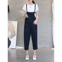 เอี๊ยมยีนส์ผ้าฝ้ายสูงเอว Overalls Cropped สไตล์เกาหลีหลวมสบายๆ แฟชั้น2023