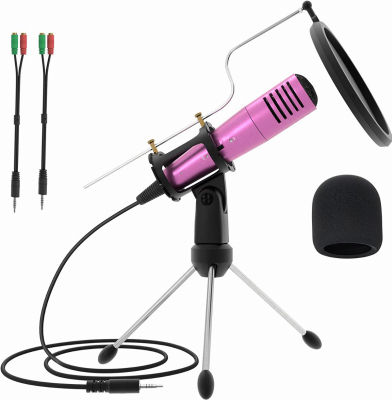 MSIZOY Computer Phone Microphone,Condenser Broadcast Mic 3.5mm Recording Microphone Plug and Play w/Tripod Stand &amp; Pop Filter for Podcast Gaming Singing YouTube for Mac PC Laptop Desktop Windows(Pink)