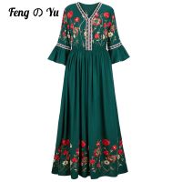 【YF】 Elegant Floral Womens Dress Female Lotus Leaf Sleeve Cotton And Linen Embroidery Flower A-Line Retro Sweet Clothing Vesti