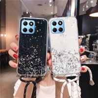 คลังสินค้าพร้อมเคสโทรศัพท์สำหรับ Honor X6a X5 Plus X5 + 4G HonorX6a HonorX5Plus 2023ใหม่เคสนิ่ม TPU ใสกากเพชรส่องแสงเป็นประกายวิบวับใหม่เคสสมาร์ทโฟนเชือกคอ