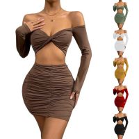 2022 European and American summer new sexy navel-baring top pleated wrap hip skirt suit women ❤