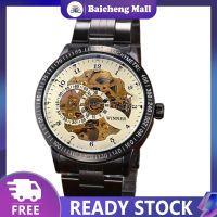 Baicheng【จัดส่งอย่างรวดเร็ว】นาฬิกาข้อมือชายสายหน้าปัดสแตนเลสสตีลลายโครงกระดูกแบบหลายสายนาฬิกากลไกอัตโนมัติ