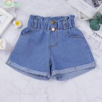 Kids Girls Solid Color Casual Denim Shorts Elastic Waistband Button Closure Crimping Hem Short Jeans for School Daily Wear