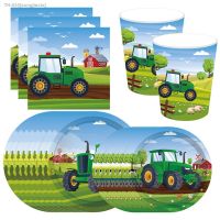 ♤✇❃ Green Tractor Party Decoration Disposable Tableware Cup Plate napkin Tablecloth Truck Vehicle Excavator Kids Boy Birthday Party