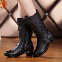 [COD] size boots womens winter 2022 new plus velvet mid-tube ladies leather middle-aged and elderly middle-heel shoes