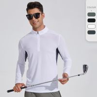 New Dark Pattern Mens Stand Collar Workout Clothes Sport Running Training Golf Apparels High Elastic Quick-Drying Long-Sleeved T-shirt Men