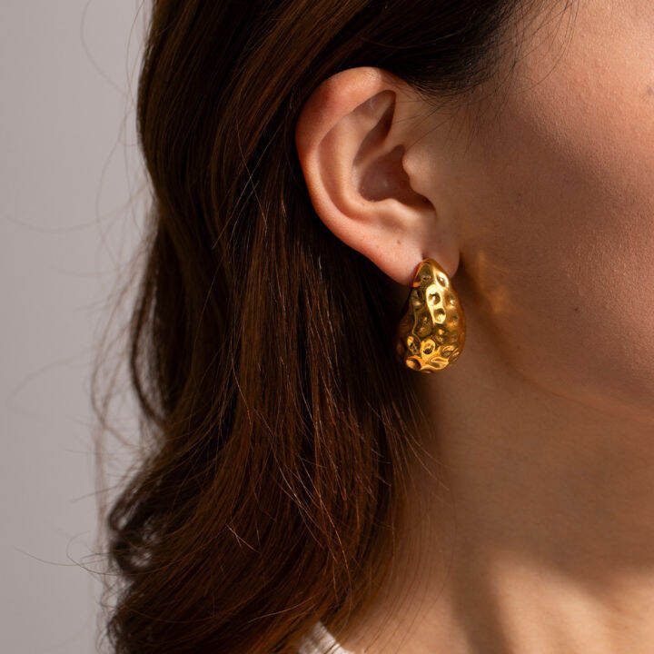 hammered-thick-gold-plated-lightweight-chunky-dome-women-vintage-drop-earrings-hoops-ear-studs