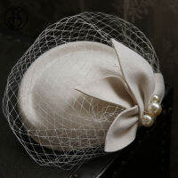 FS หมวก Fascinator ผ้าคลุมหน้าแบบโบราณหมวกหมวกเบเรต์สักหลาดขนสัตว์สีขาวผู้หญิงดอกไม้ไข่มุกดอกไม้ปาร์ตี้งานแต่งงานเจ้าสาว