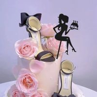 Black Acrylic Happy Birthday Cake Topper High Heels Lady Girl Cake Toppers Dessert Birthday Cake Decoration Party Supplies