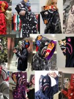 BAPE เสื้อสเวตเตอร์ถักสำหรับผู้ชายทรงหลวมมีฮู้ดคู่หัวเสือฉลามลายพรางแบรนด์ญี่ปุ่น