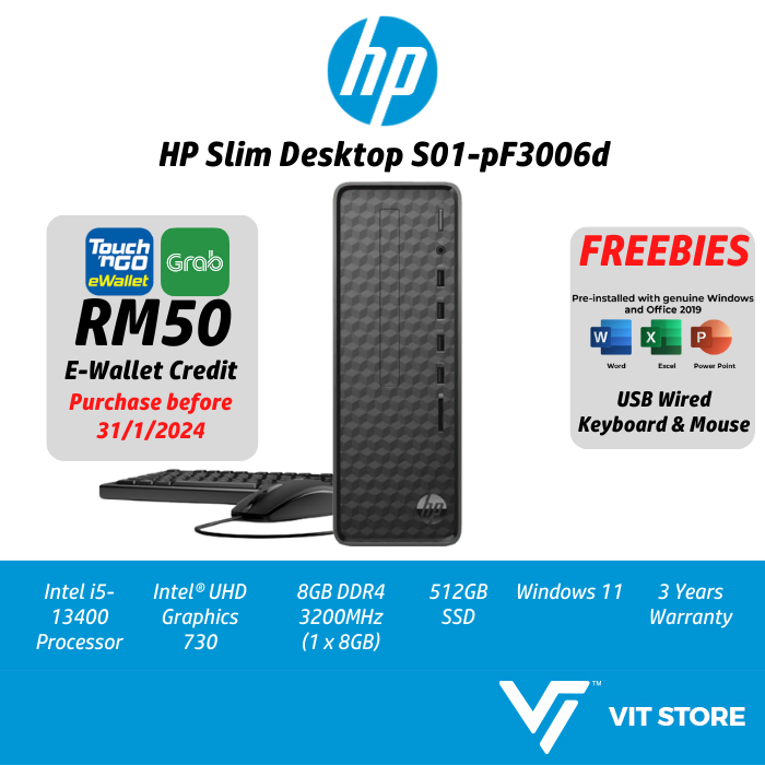 HP Slim PC S01-pF3006d Desktop (Intel I5-13400, 8GB, 512GB, W11