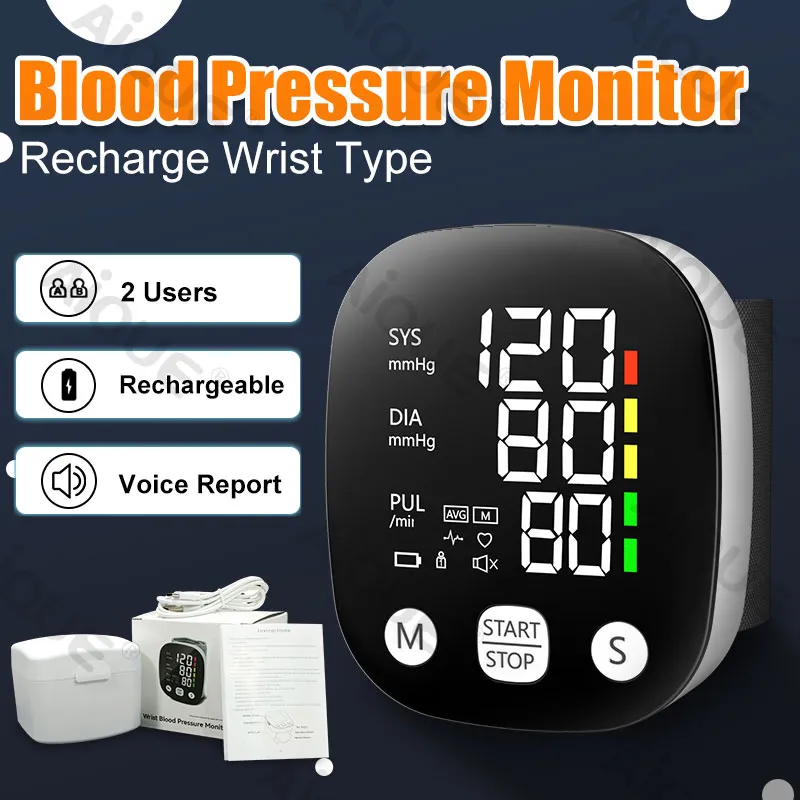 New LED Rechargeable Wrist Blood Pressure Monitor English / Russian /  Portuguese / Spanish Voice Broadcast Tonometer BP Monitor