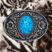 หัวเข็มขัด Metal Belt Buckle Resin stones Turquoise Oval เวสเทิร์นคาวบอย ลายหินสีฟ้าเข้มสวยงาม เลือกเฉพาะหัวเข็มขัดหรือพร้อมสายเข็มขัดกว้าง4cm (K#104)