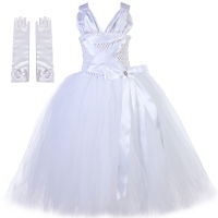 Pure White Marilyn Tutu Dress for Girls Halloween Costume Classic 80s V-Neck Kids Holiday Party Princess Dress Up with Golves