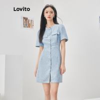 ♝ Lovito เดรส กระดุมหน้า ผ้าทวีต สีพื้น ลำลอง สำหรับผู้หญิง L52AD091 (สีน้ำเงิน)