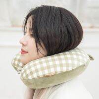 [COD] U-shaped pillow memory foam rebound neck nap airplane travel plaid