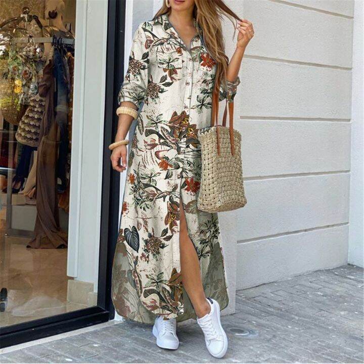 womens-fashion-floral-print-shirt-maxi-dress-sexy-v-neck-bottoned-half-sleeve-zip-up-evening-party-summer-beach-sundress