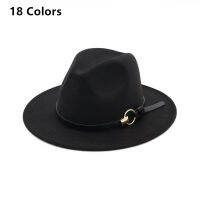 ฤดูร้อนผู้หญิงสีทึบด้านเดียวขนสัตว์รู้สึกแจ๊ส Fedora หมวกเข็มขัดหนังสีดำผู้ชายที่สง่างามผู้หญิงปีกกว้างปานามา trilby หมวก.