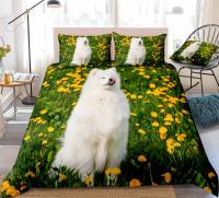 3D Samoyed สุนัขปกผ้านวมชุดยิ้ม Samoyed สุนัขบนทุ่งหญ้าสีเขียวที่มีดอกไม้สีเหลืองเตียงสัตว์เลี้ยงสุนัขผ้าห่มปกกษัตริย์ Dropship