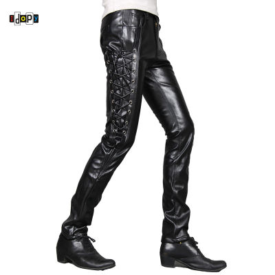 Idopy ใหม่ Mens Skinny Faux หนังกางเกง Personlity Steampunk สีดำ Slim Fit Biker กางเกงหนัง Gothic กางเกงสำหรับชาย