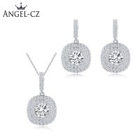 ANGELCZ ของขวัญอัญมณี CZ หรูหราเพชรสังเคราะห์ประกายจี้สี่เหลี่ยมสร้อยคอต่างหูสำหรับผู้หญิงพรหมชุดเครื่องประดับ AJ015