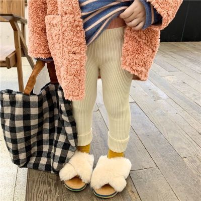 [COD] Girls leggings autumn and winter plus velvet thickened baby solid all-match knitted woolen childrens outerwear trousers Korean version