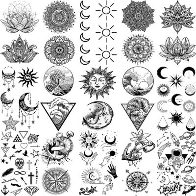 Small Sea Weave Star Moon Sun Temporary Tattoos For Women Adult Men Mandala Lotus Anchor Geometry Sea Fake Tattoo Compass Tatoos