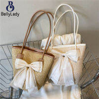 Women Trendy Straw Shoulder Bag Summer Solid Color Large-capacity Simple Bowknot Bucket Bag【fast】