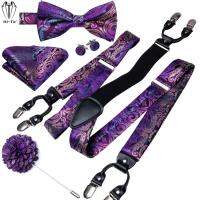 Hi-Tie Silk Mens Suspenders Purple Floral 6 Clips Braces Bowtie Pocket Square Cufflinks Brooch Set For Men Suspender Wedding