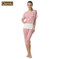 Spring Summer Women Pajama Set Lounge wear Patchwork Sleepwear Three-pieces Pyjamas Calf-Length Pants Short Sleeved Vest