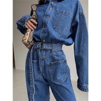 High Waist Denim Jumpsuit Women Casual Clothes Lace Up One Piece Outfit Long Sleeve Jeans Romper Cargo Pants Playsuit Streetwear