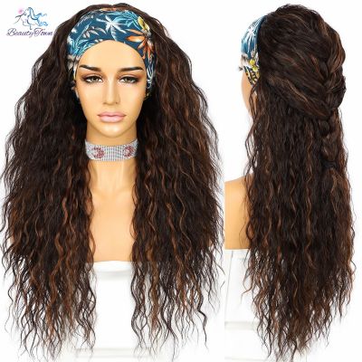 BeautyTown Long Kinky Curly JBrown Headband Full Machine Wig Daily Wedding Party Highlight Wig Ombre Blonde Synthetic Hair Wig