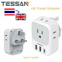 TH to UK Plug Travel Adapter Type C Charger with 3 USB, TESSAN Type G Travel Converter with 3 USB Charger(1 USB C Port), 4 Outlets Power Adaptor for USA to Qatar Ireland Hong Kong England Scotland Kenya Dubai London British