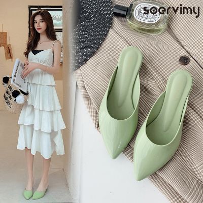 Cross-border pointed half slippers leisure female rubber pure color jelly shoes thick with wear-resisting shallow mouth joker wear sandals