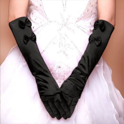 ஐ☇ Bridal Gloves Finger Double Bow Beaded Mid Length Satin Satin Wedding Dress Red White Beige Black Sleeves wedding gloves