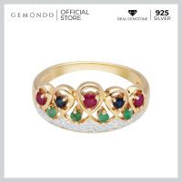 Gemondo แหวนเงินแท้ 925 ชุบทองคำ 18K ประดับทับทิม (Ruby) ไพลิน (Blue Sapphire) มรกต (Emerald) และเพชร (Diamond) ดีไซน์ทรงมงกุฏ