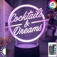 ☽ Cocktails Dreams Led Night Light Sign for Bar Decoration Acrylic Laser Engraving Usb Battery Powered Table Lamp Color Changing