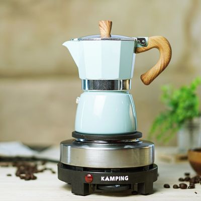 (สีฟ้า) KAMPING ชุดกาต้มมอคค่าพอท Moka Pot ลายไม้ + เตาไฟฟ้า500w