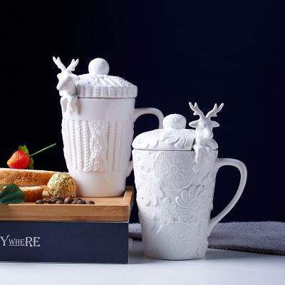 【High-end cups】พอร์ซเลนสีขาว3D คริสต์มาสกวางมากคู่กาแฟแก้วนมที่มีฝาปิดเซรามิกสร้างสรรค์น่ารักกวางอาหารเช้าถ้วย Drinkware