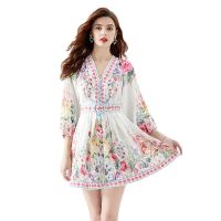 Womens Dress Fashion New 2023  Vacation Style V-neck Lantern Sleeve Printed Mini Dress