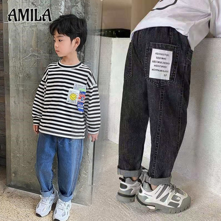amila-กางเกงเด็ก-ยีนส์เด็กชายกางเกงขายาวทรงหลวมเด็กชายกางเกงฟลีซ