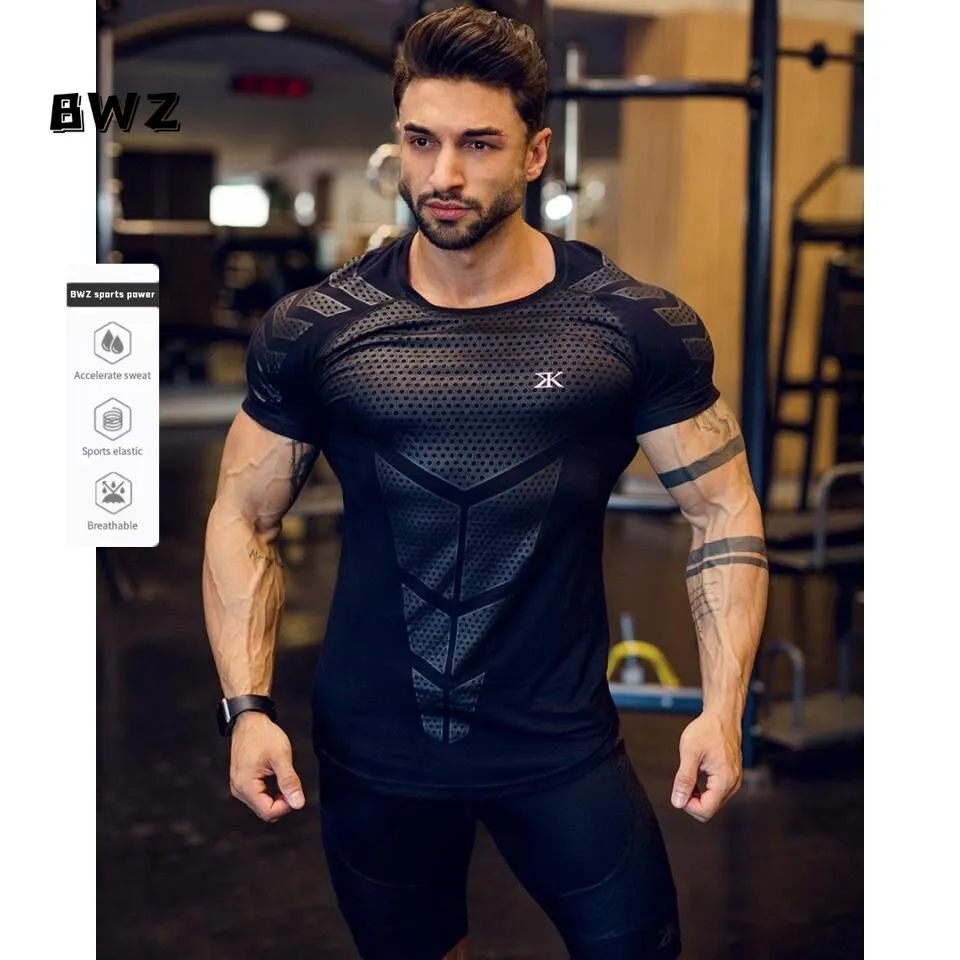 Free shipping】BWZ SPORT STORE Fitness clothes coach sports T-shirt muscle  tights men's brother high elastic training quick-drying clothes  short-sleeved fitness clothes men MT 