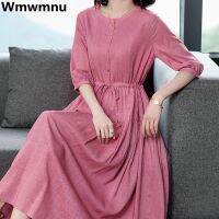 【YF】 Cotton Linen Lace Up Oversize 4xl Half Sleeve Summer Dress  Loose Korean Casual O-neck Vestidos Elegant New Female Maxi Dresses