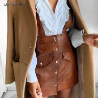 Mnealways18 Single-Breasted Pinafore Faux Leather Strap Skirts Womens High Waist Mini Brown Skirt Vintage Suspender Skirt 2020