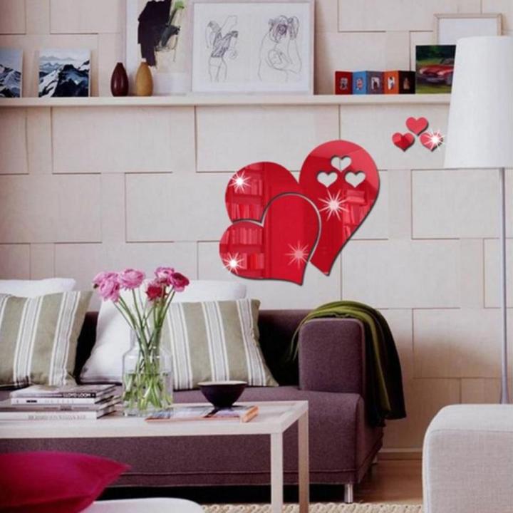 กระจก3d-สติ๊กเกอร์ติดผนังความรักรูปลอกหัวใจ-diy-ศิลปะการตกแต่งห้องนอนให้สวยงามบ้าน
