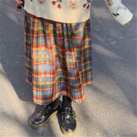 Japanese Rainbow High Waist A-Line Wool Plaid Skirt Female Students Preppy Style Wild Midi Skirt Women Autumn Long Skirt