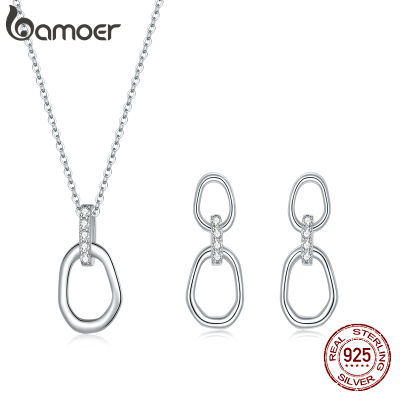 bamoer Geometric Necklace Earring Buckles 925 Sterling Silver Double Button Simple CZ Jewelry for Women Fine Jewelry SCE1016