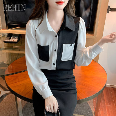 REHIN ผู้หญิงด้านบนเวอร์ชั่นเกาหลีใหม่ของเสื้อแขนยาวฤดูใบไม้ร่วงการออกแบบใหม่สะกดสีโปโลคอปกเสื้อชีฟอง